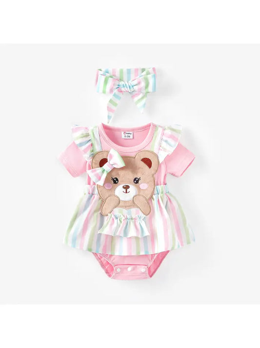 2-Piece 3D Bear Striped Print Romper Set