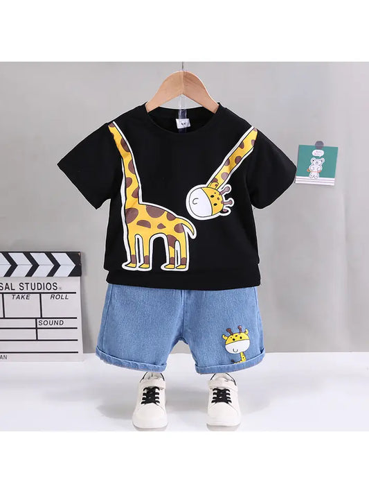 2-Piece Giraffe Graphic T-Shirt & Denim Shorts Set