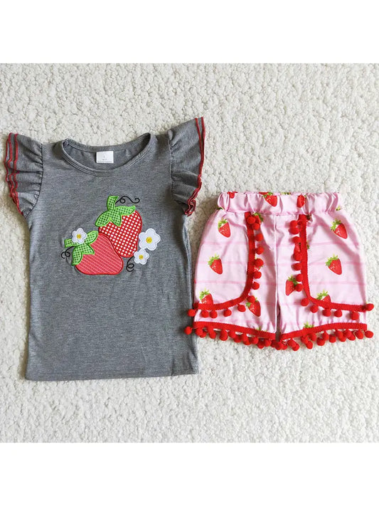 2-Piece Strawberry Grey Embroidered Ruffle Top and Shorts Set